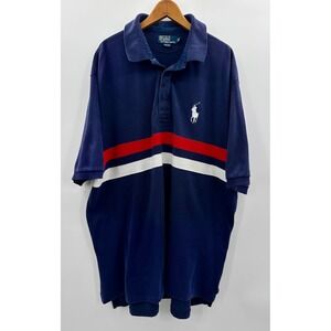 Vtg Polo Ralph Lauren Mens 2XLT Navy Red White Pique Polo Shirt TALL Big Pony